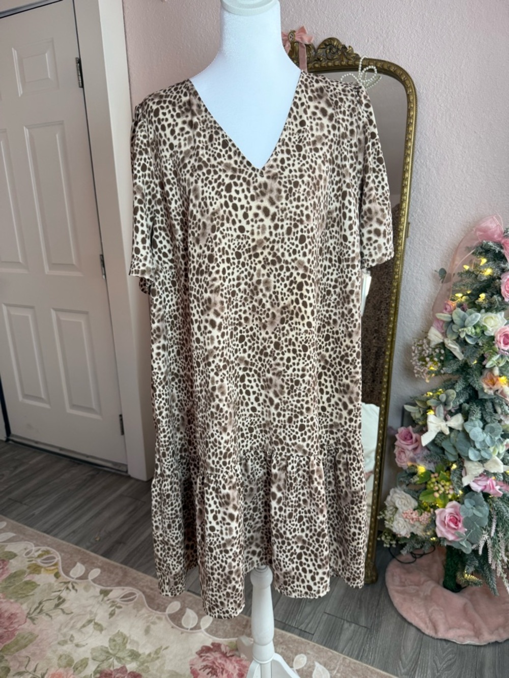 a new day Leopard Print V-Neck Midi Dress in Beige and Brown